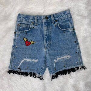 VTG Lee Big Girls 10 1990s Mid-Rise Fringe Patch Denim Jean 4" Shorts